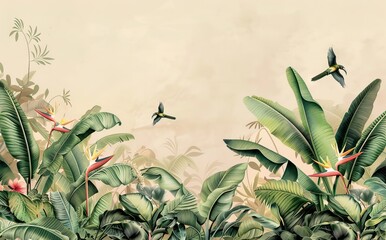 Illustration of tropical wallpaper print design with palm banana leaves and birds on canvas texture. Tropical plants and birds on textured background. AI generated illustration