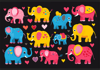 Bright cute funny characters with hearts. A big set of risoprint style stickers with elephants. Illustration Isolated on a black background.