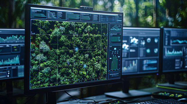 Close-up of a computer monitor displaying AI models analyzing satellite imagery of forests and ecosystems, highlighting the role of artificial intelligence in monitoring and managing ecological