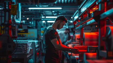 Fototapeta premium Man Operating Rotary Printing Press