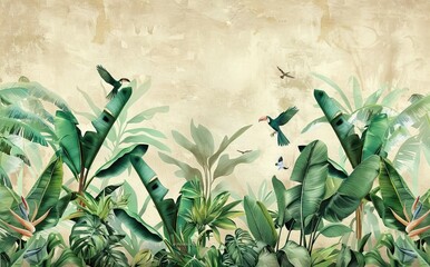 Illustration of tropical wallpaper print design with palm banana leaves and birds on canvas texture. Tropical plants and birds on textured background. AI generated illustration
