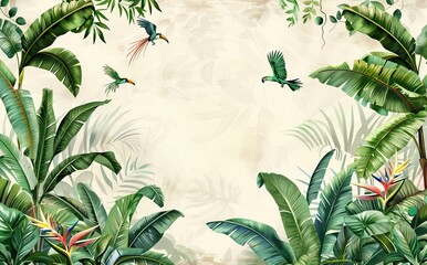 Illustration of tropical wallpaper print design with palm banana leaves and birds on canvas texture. Tropical plants and birds on textured background. AI generated illustration