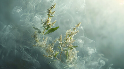 A creative arrangement of herb sprigs suspended in midair against a backdrop of soft, diffused light, creating an ethereal and abstract composition that elevates the natural beauty of the botanical