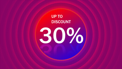 Up to 30 percent discount. Neon light frame box banner. Sale offer price sign. Special offer symbol. Save 30 percentages. Discount tag neon light frame