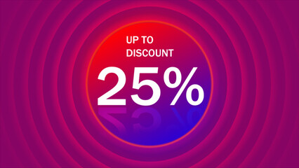 Up to 25 percent discount tag. Neon light frame box banner. Sale offer price sign. Special offer symbol. Save 25 percentages. Discount tag neon light frame