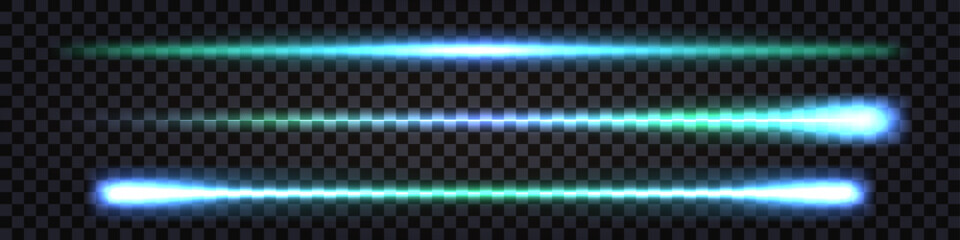 Neon glowing laser beams, neon sticks with blue and teal light effect.  Ray lines with flash burst and lightning thunder bolt effect. Vector isolated transparent