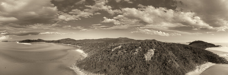 Whitehaven Beach aerial view. Panorama from a drone viewpoint. Whitsunday Islands, Australia