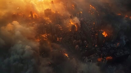 Aerial View of City Engulfed in Flames