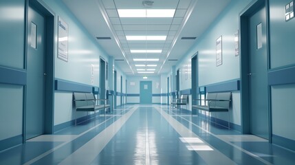 Fototapeta premium Long Hallway With Blue Doors and White Walls
