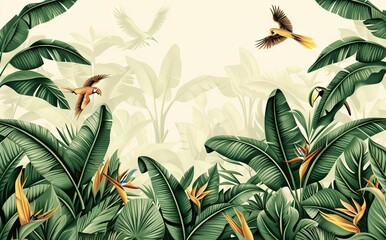 Illustration of tropical wallpaper print design with palm banana leaves and birds on canvas texture. Tropical plants and birds on textured background. AI generated illustration