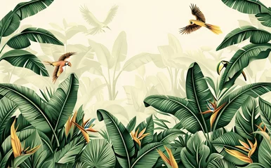Plexiglas schilderij Jungle Illustration of tropical wallpaper print design with palm banana leaves and birds on canvas texture. Tropical plants and birds on textured background. AI generated illustration  © Lytvyniuk