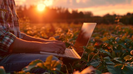 Man Sitting in Field Using Laptop