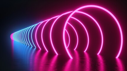 Pink and blue neon arches forming a dynamic wave pattern against a black background, highlighting their luminous glow.