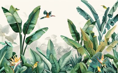 Illustration of tropical wallpaper print design with palm banana leaves and birds on canvas texture. Tropical plants and birds on textured background. AI generated illustration