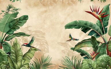 Illustration of tropical wallpaper print design with palm banana leaves and birds on canvas texture. Tropical plants and birds on textured background. AI generated illustration