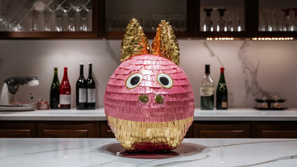 golden and pink piñata for grown up adult party