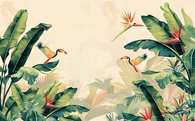 Illustration of tropical wallpaper print design with palm banana leaves and birds on canvas texture. Tropical plants and birds on textured background. AI generated illustration