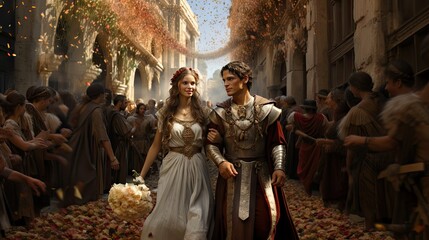 A majestic depiction of a medieval couple on their wedding day walking through a bustling street with celebrants