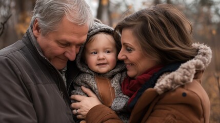 Obraz premium A family portrait of a couple and their baby in a wooded area during fall