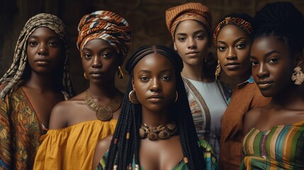 A striking portrait featuring six African women in colorful traditional headwraps and attire, facing the camera with confidence