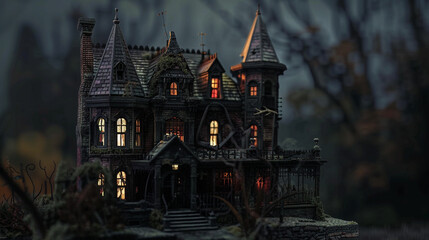 Fototapeta premium A detailed view of a haunted house model, focusing on the spooky details and decorations.