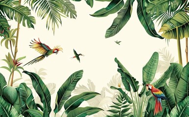Illustration of tropical wallpaper print design with palm banana leaves and birds on canvas texture. Tropical plants and birds on textured&nbsp;background. AI generated illustration