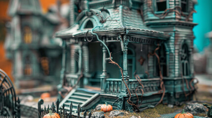 Obraz premium A detailed view of a haunted house model, focusing on the spooky details and decorations.