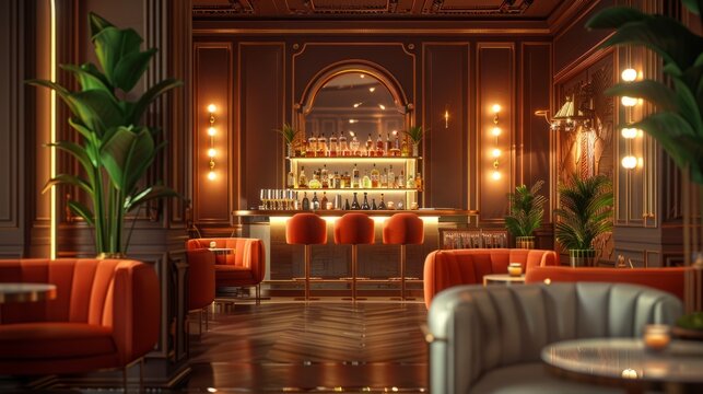 Elegant 3D render of Art Deco luxury, featuring a stylish cocktail lounge with sleek furniture, geometric decor, and soft lighting, embodying the glamour and sophistication of the Jazz Age, presented