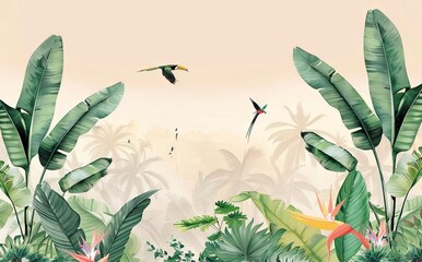 Illustration of tropical wallpaper print design with palm banana leaves and birds on canvas texture. Tropical plants and birds on textured background. AI generated illustration