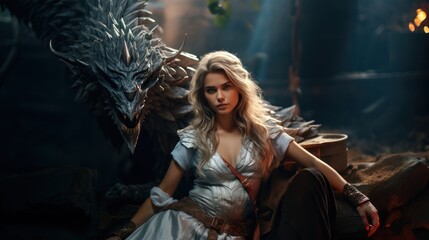 Fototapeta premium A woman in medieval attire is portrayed alongside a mythical dragon in an imaginative, fantasy setting