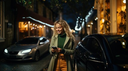 A person stands on a cobblestone street at night, holding a smartphone, with city lights and parked cars, face blurred