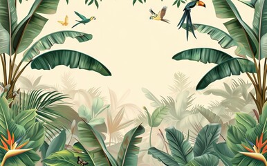 Illustration of tropical wallpaper print design with palm banana leaves and birds on canvas texture. Tropical plants and birds on textured background. AI generated illustration