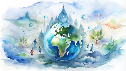 of World Water Day celebration with watercolor style, emphasizing the importance of saving water for a sustainable future , water conservation, environment, global awareness, nature
