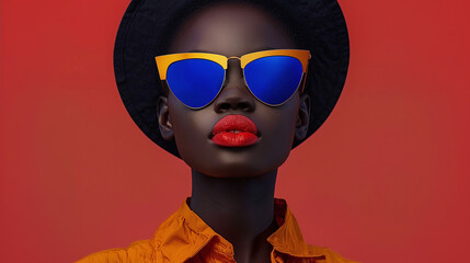 stylish african fashion model woman with red lips and blue sunglasses wearing a black hat, red background, vibrant strong colors