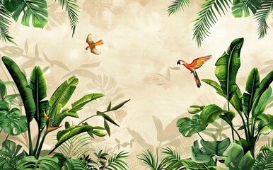 Illustration of tropical wallpaper print design with palm banana leaves and birds on canvas texture. Tropical plants and birds on textured background. AI generated illustration