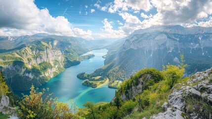 Beauty of the lake with high cliffs around, generative Ai.