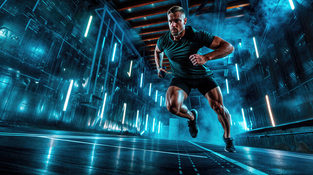 athlete sprinting in a high-tech environment