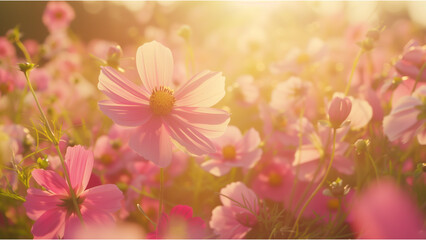 Fototapeta premium close up view of cosmos flowers under soft sun light, pink flower in the meadow, vibrant