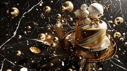 Gold and White Cake With Gold Balls