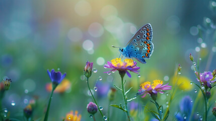 Close-Up of Colorful Butterfly on Blooming Flower in Summer Garden. Floral Natural Background with Copy Space and Bokeh Effect.
