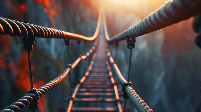 Brave Adventure, Suspended Rope Bridge in Mountainous Terrain, Risk and Challenge Concept.
