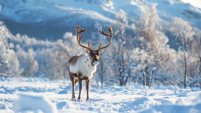 Reindeer Silhouette in Winter Tundra with Snow-Covered Forest Background. Caribou Wildlife in Mountains, Rhenus with Horns.