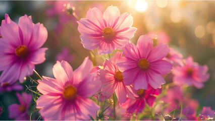 close up view of cosmos flowers in the meadow under soft sun light, pink flower in the meadow, vibrant