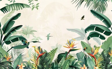 Illustration of tropical wallpaper print design with palm banana leaves and birds on canvas texture. Tropical plants and birds on textured background. AI generated illustration