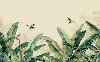 Illustration of tropical wallpaper print design with palm banana leaves and birds on canvas texture. Tropical plants and birds on textured background. AI generated illustration