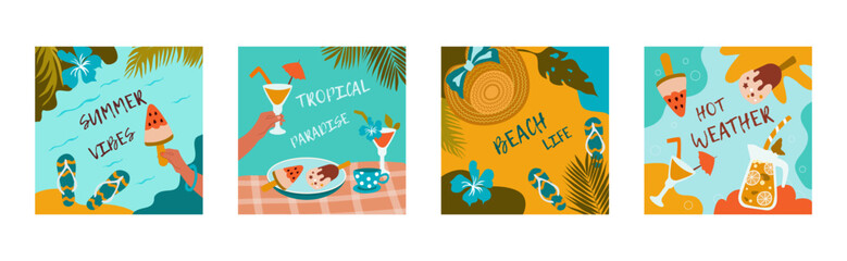 Set bright summer postcard. A beautiful summer beach holiday poster. Vector illustration.