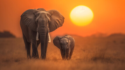 Mother and baby elephant walk in the savannah against the backdrop of the orange sun at sunset.
