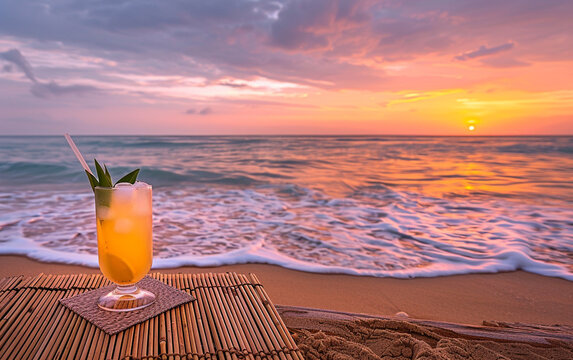 A peaceful beach at dusk with a stylish cocktail on a bamboo mat, the sky painted in hues of pink and orange, and gentle waves lapping at the shore