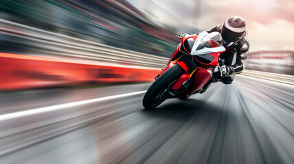 Motorbike racing on a track with speeding motion blur.
