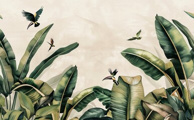 Illustration of tropical wallpaper print design with palm banana leaves and birds on canvas texture. Tropical plants and birds on textured background. AI generated illustration